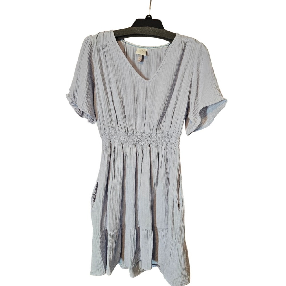 Knox Rose Blue Cotton Gauze Smocked Waist V-Neck Mini Dress with Pockets Medium